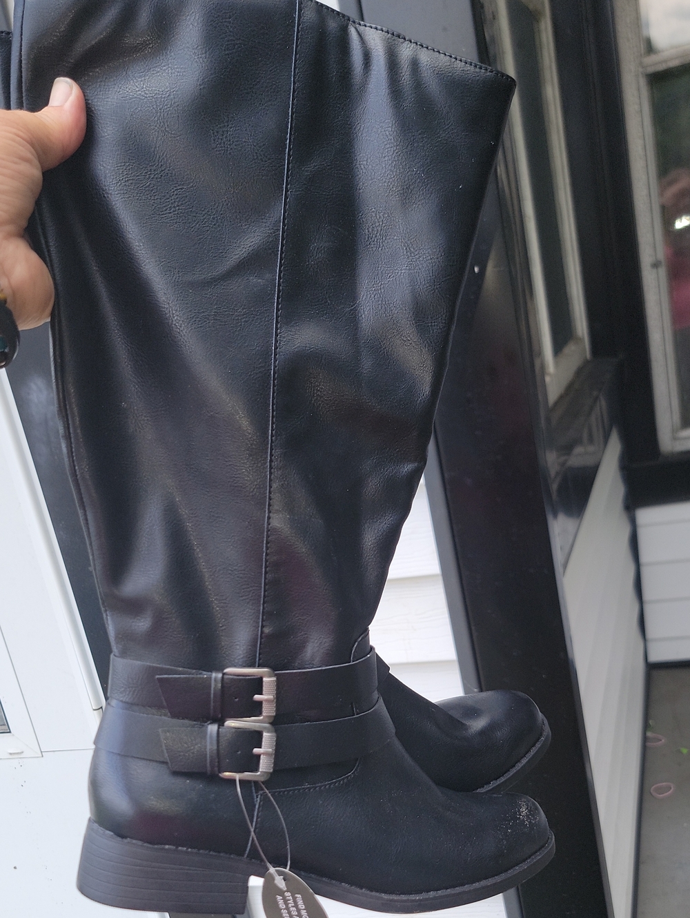 Black Knee-High Buckle Strap Riding Boots Size 8